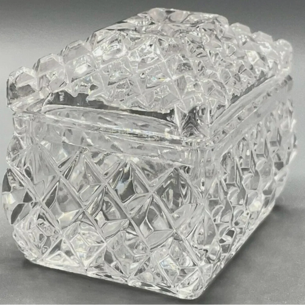 Cut Glass Princess Trinket Box, Pressed Glass Rectangular Tiny Glass Container
